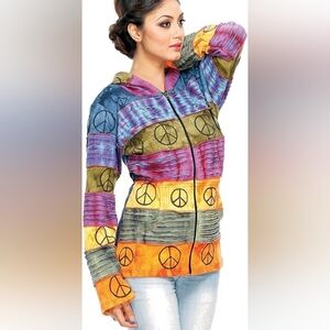 Rising International Hoodie Womens Tie Dye Peace Boho Patchwork Multicolor Large